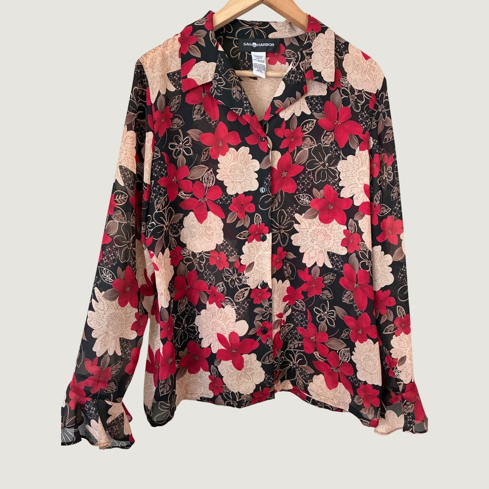 Sag Harbor VTG Dark Romantic Red Floral Button Down Blouse Ruffle Cuff Size 14